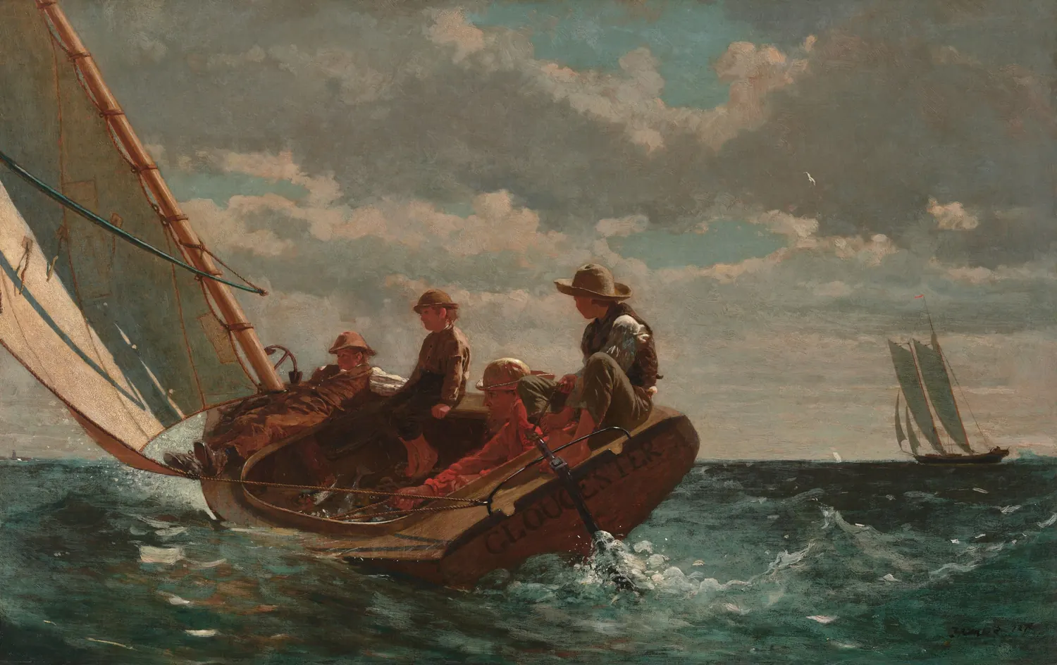 Winslow Homer’ın Esinti tablosu: dalgalı denizde küçük bir yelkenliyle ilerleyen bir adam ve üç çocuk.