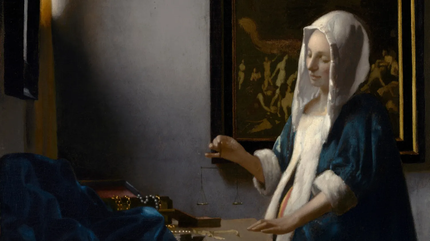 Johannes Vermeer’in Terazi Tutan Kadın tablosundan ayrıntı: pencereden gelen ışıkta elinde terazi tutan bir kadın.